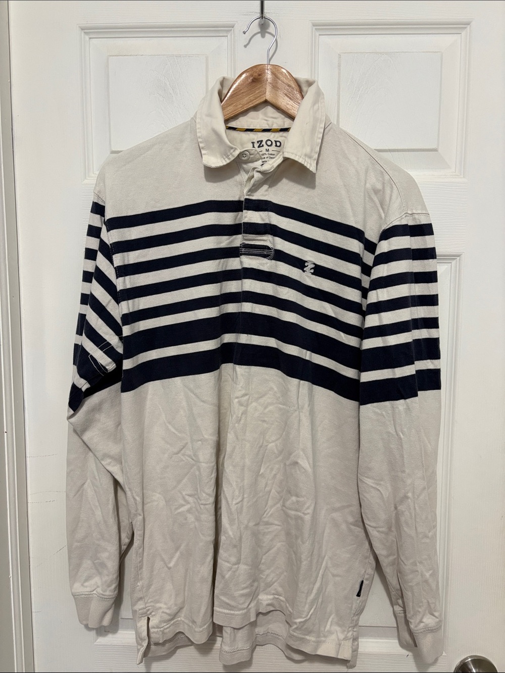 Izod Men’s Long-Sleeve Rugby Polo in Off-White and Navy Stripes